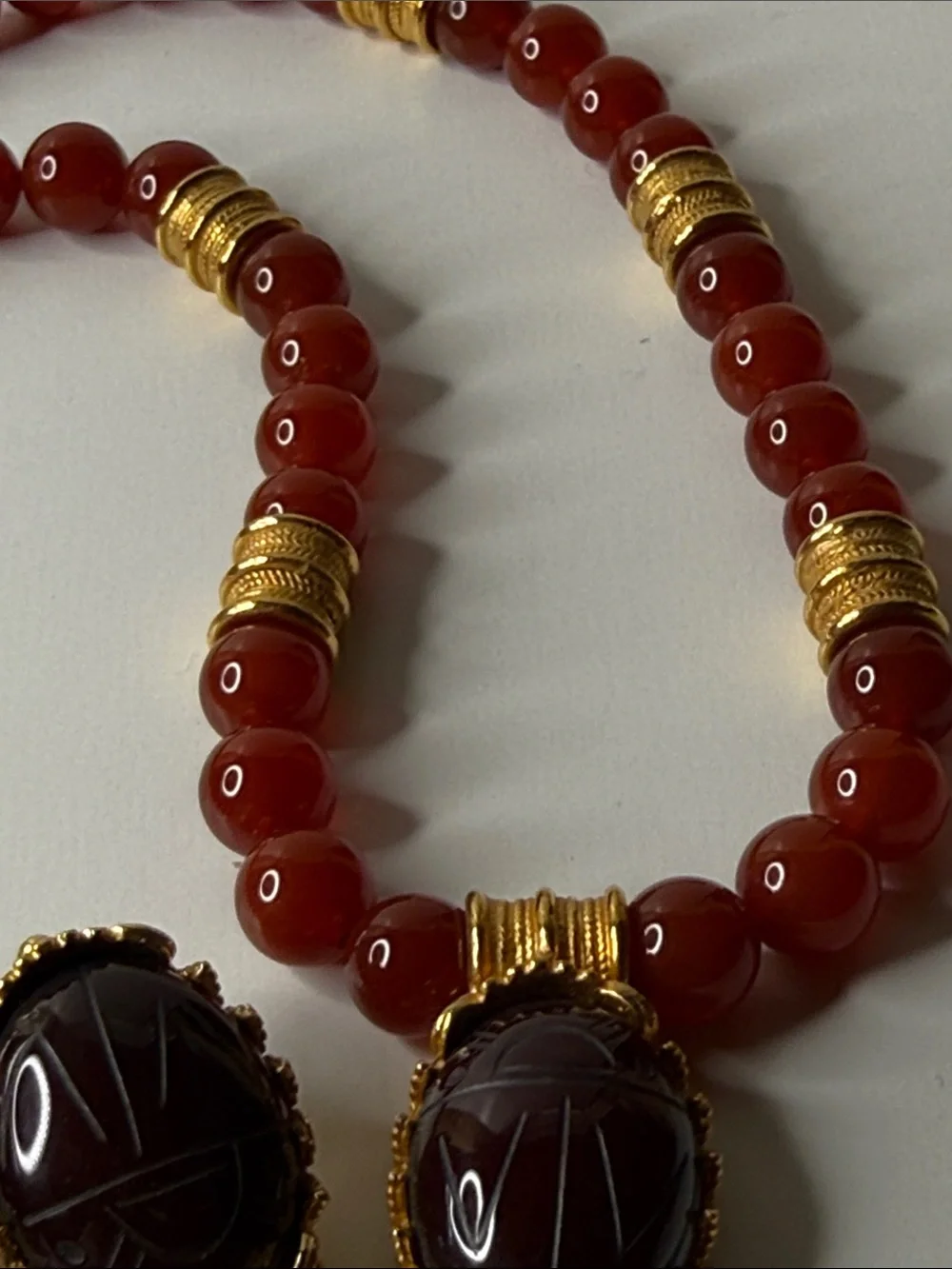 Vintage MMA Carnelian Bead Necklace earring Gold plate Scarab Egyptian revival⭐️ - Picture 15 of 17